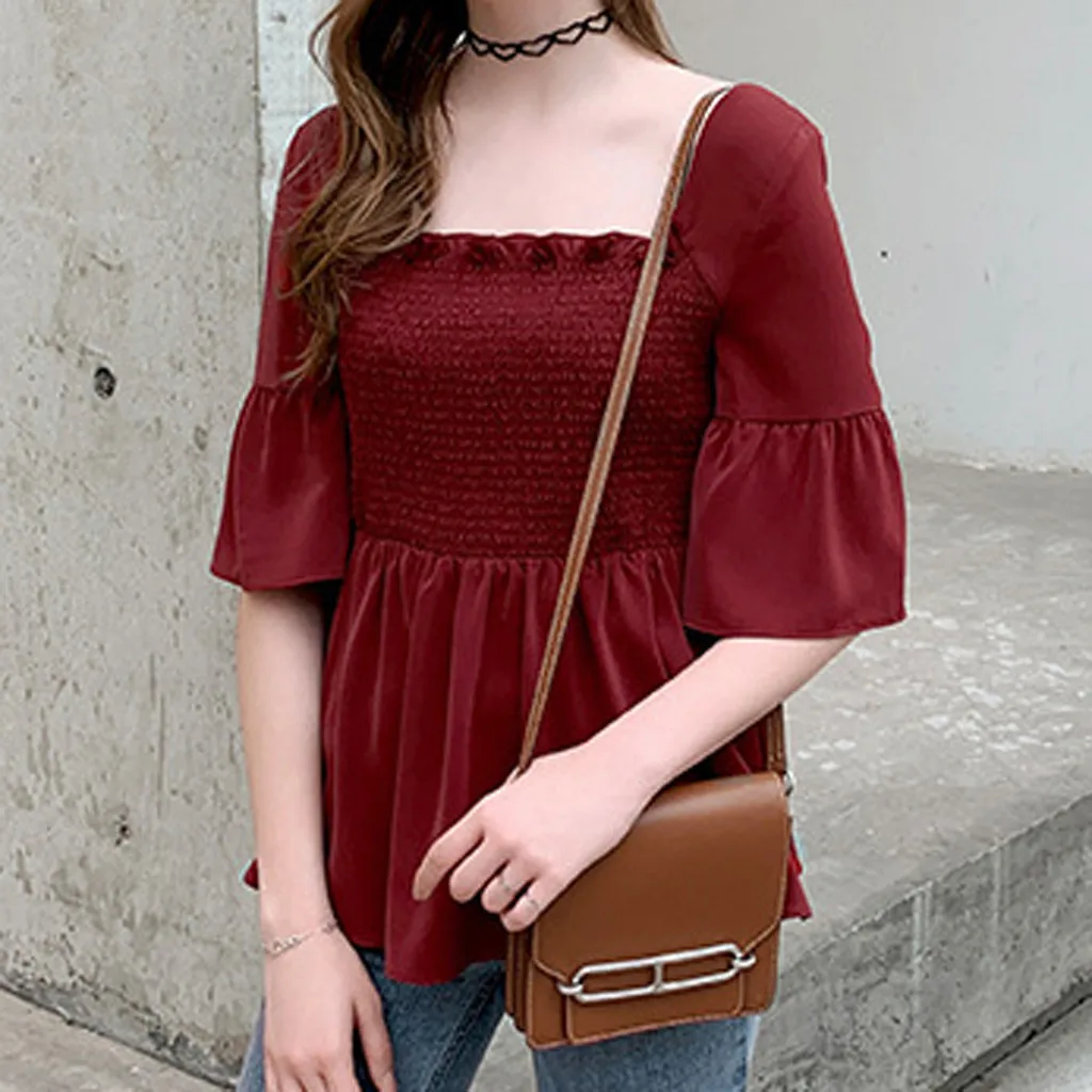 

Fashion Blouse Women Sexy Casual Short Flare Sleeve Solid Ladies Long Pleated Tops Blusas Mujer De Moda 2020  