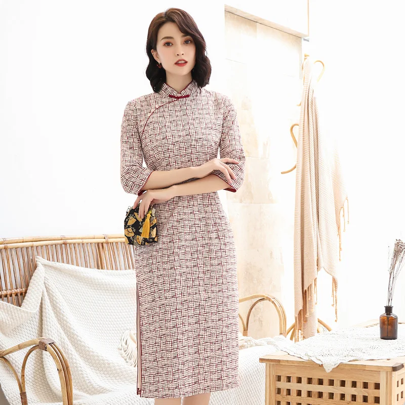 Сексуальное Женское Платье До Колена Cheongsam, весеннее китайское стильное хлопковое платье с воротником-стойкой, женское платье Qipao, тонкое вечернее платье Vestido - Цвет: 3805