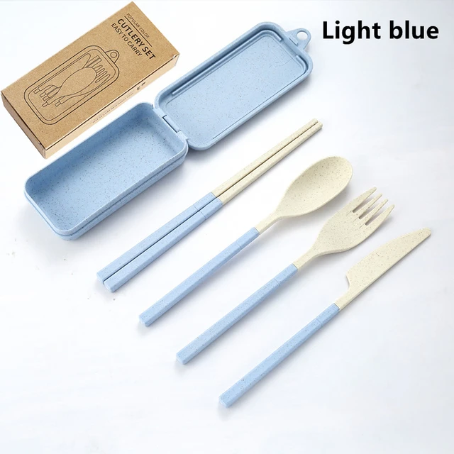 Set di stoviglie in paglia di grano da 4 pezzi, set di posate portatili, coltello, forchetta, cucchiaio, bacchette, set di posate da viaggio, scatola per utensili ecologica_voghion.com