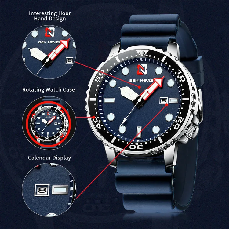 Модные мужские спортивные кварцевые часы Топ люксовый бренд Ben Nevis силиконовый ремешок Календарь наручные часы мужские подарки часы Relogio Masculino