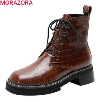 

MORAZORA 2021 New arrival women boots genuine leather boots med heels square toe lace up winter ankle boots for woman