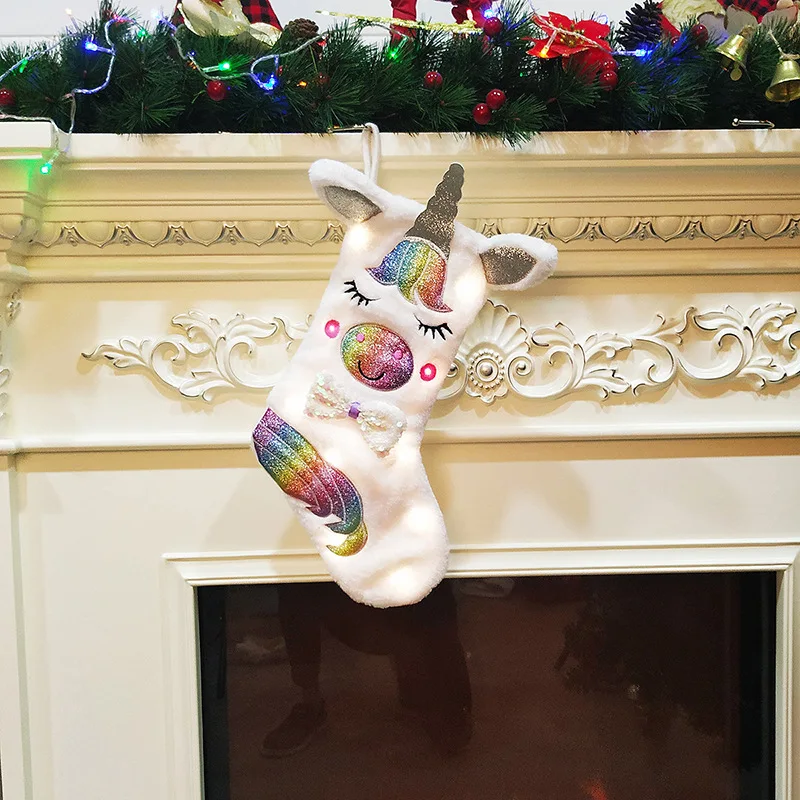 Плюшевые рождественские носки с изображением животных из мультфильмов, рождественские носки, сумка для конфет, рождественские носки с изображением единорога, Подарочная сумка, подвесные украшения для камина