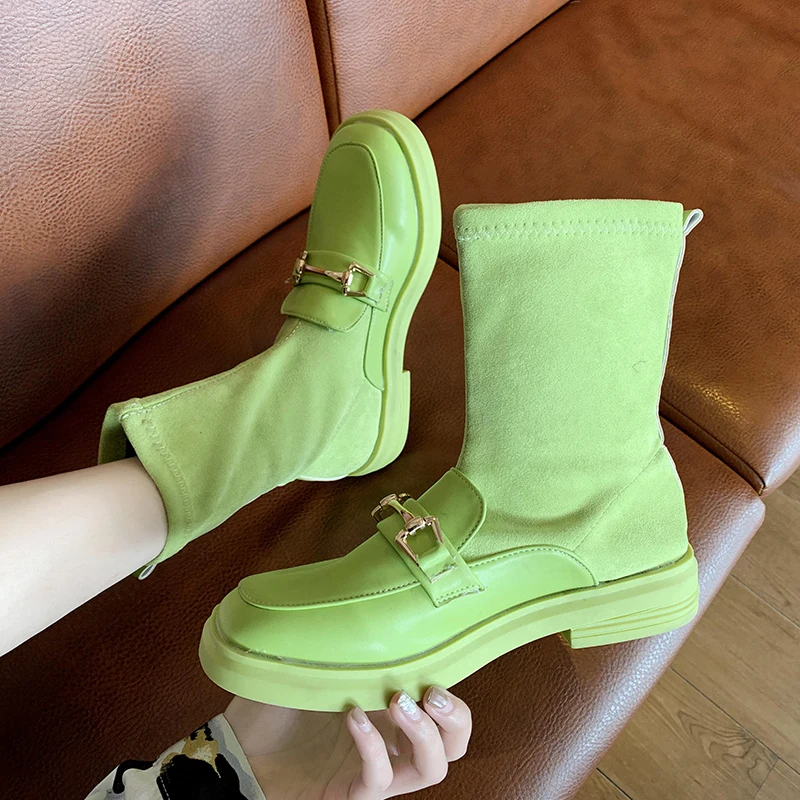 

Slip on Suede Flat Boots for Women Martin Boots Comfortable Rubber Ankle Boots for Women Round Toe PU Autumn Boots Women Shoes