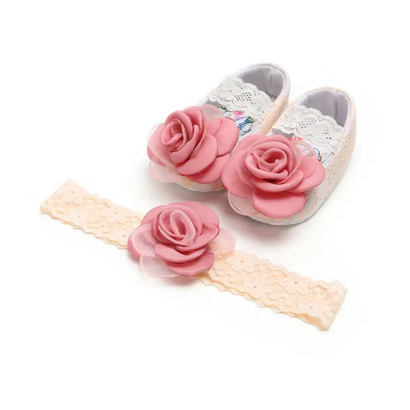 Летняя детская обувь для новорожденных девочек с мягкой подошвой; Кружевная повязка на голову с цветами; обувь принцессы; 0-18 месяцев