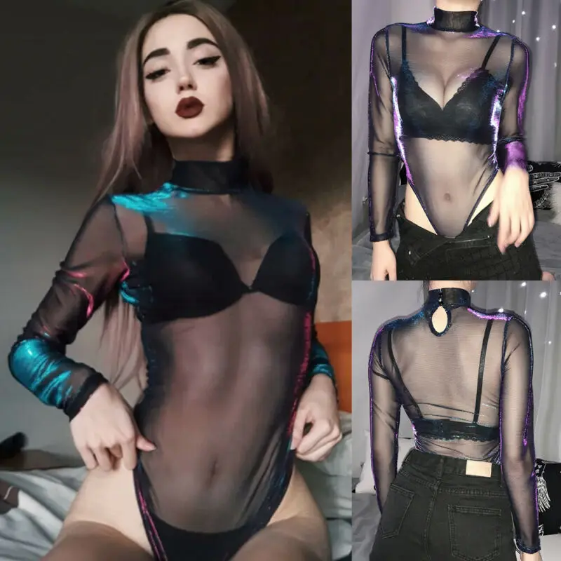 Body Sexy morado con purpurina para mujer, mono de malla transparente de manga larga, estilo gótico