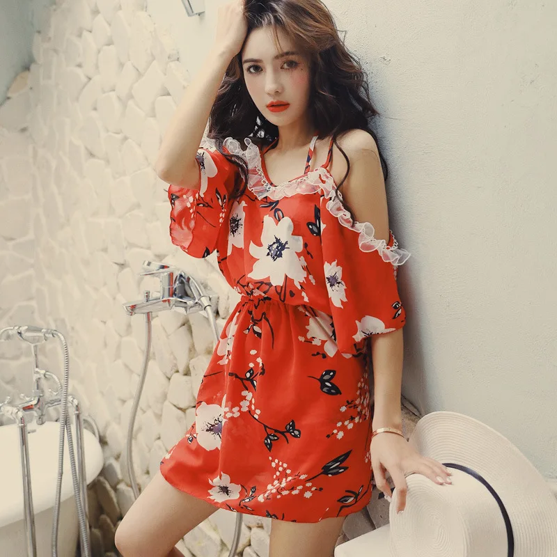 

Esowell 2018 New Style Fresh Small Flower Skirt Bikini Three-piece Set Conservative Cover Meat Hot Springs Bathing Suit