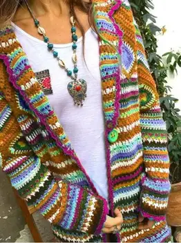

Autumn Sweater Women Long Sleeve Patchwork Knitted Open Front Rainbow Striped Cardigan Women Coat Sueter mujer invierno 2019