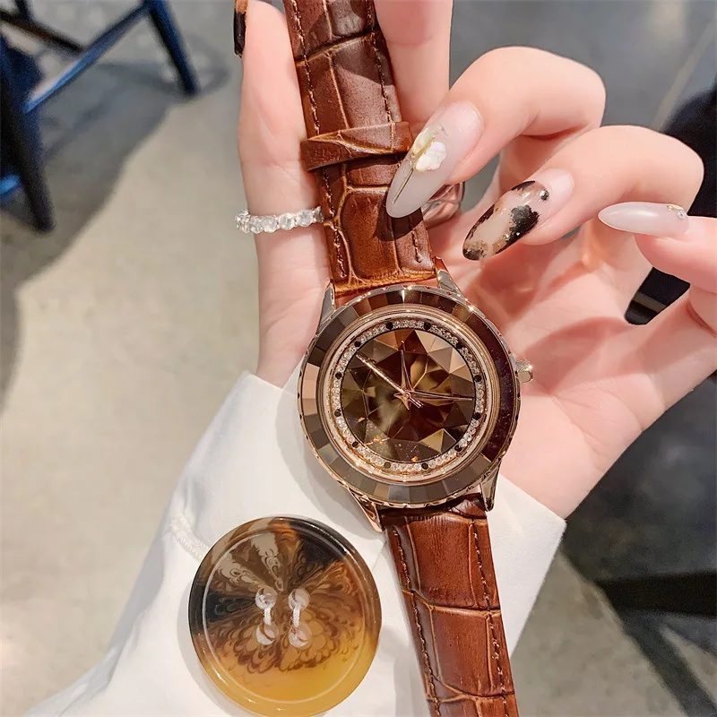 Кофе Relojes para mujer, новые женские часы с бриллиантами, женские часы, повседневные часы с браслетом, роскошные часы с кожаным ремешком, кварцевые часы под платье, наручные часы - Цвет: Кофе