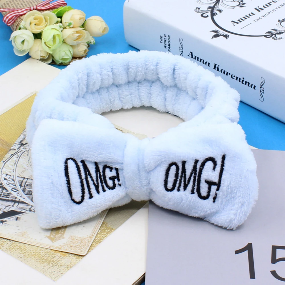 Флисовые повязки с бантиком и надписью OMG для женщин и девушек, милые повязки для волос, повязки для волос, головные уборы, аксессуары для волос - Цвет: Светло-голубой