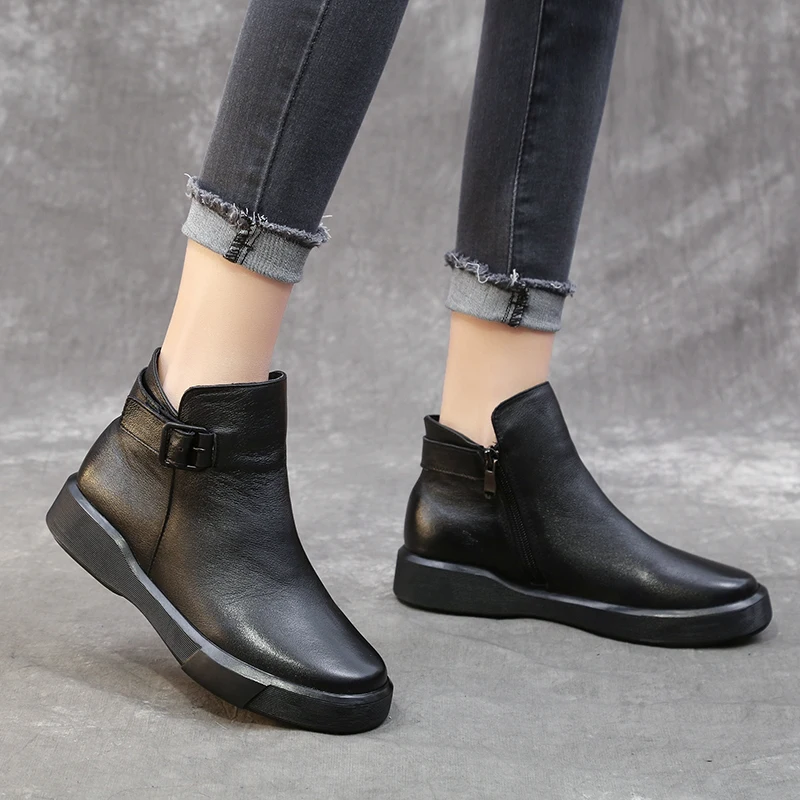 GKTINOO Winter Boots Women Genuine Leather Ankle Boots Plush Inside Handmade Soft Flat Shoes Retro Women's Shoes Boots