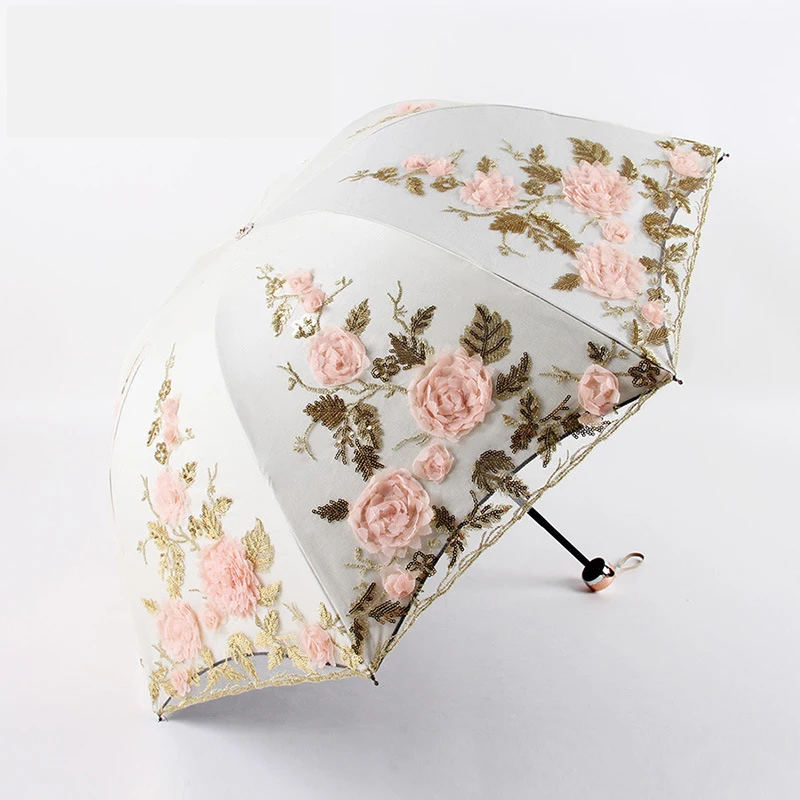 Женский зонтик с цветочной вышивкой и кружевной резной ручкой, Высококачественный Свадебный зонтик с черным покрытием, складной зонтик
