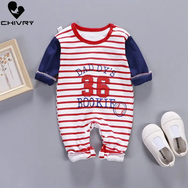 Newborn Baby Boys Girls Rompers Spring Summer Long Sleeve Cute Striped Cartoon Print Jumpsuit Toddler Playsuit Infant Clothing