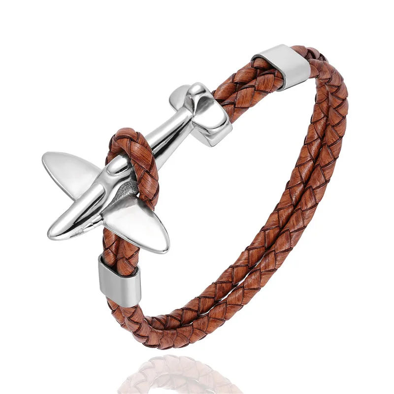 Silver Brown MKENDN, нержавеющая сталь, золотой авиационный самолет, якорь, браслеты для мужчин и женщин, Ретро стиль, кожаный браслет, ВВС, стиль, Homme, ювелирное изделие - Окраска металла: Silver Brown