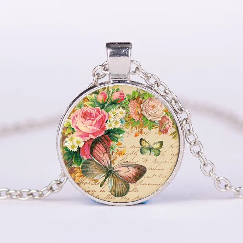 New Rose Flower Butterfly Art Photo Cabochon Glass Pendant Necklace Jewelry Accessories for Women's Men's Creative Gifts | Украшения