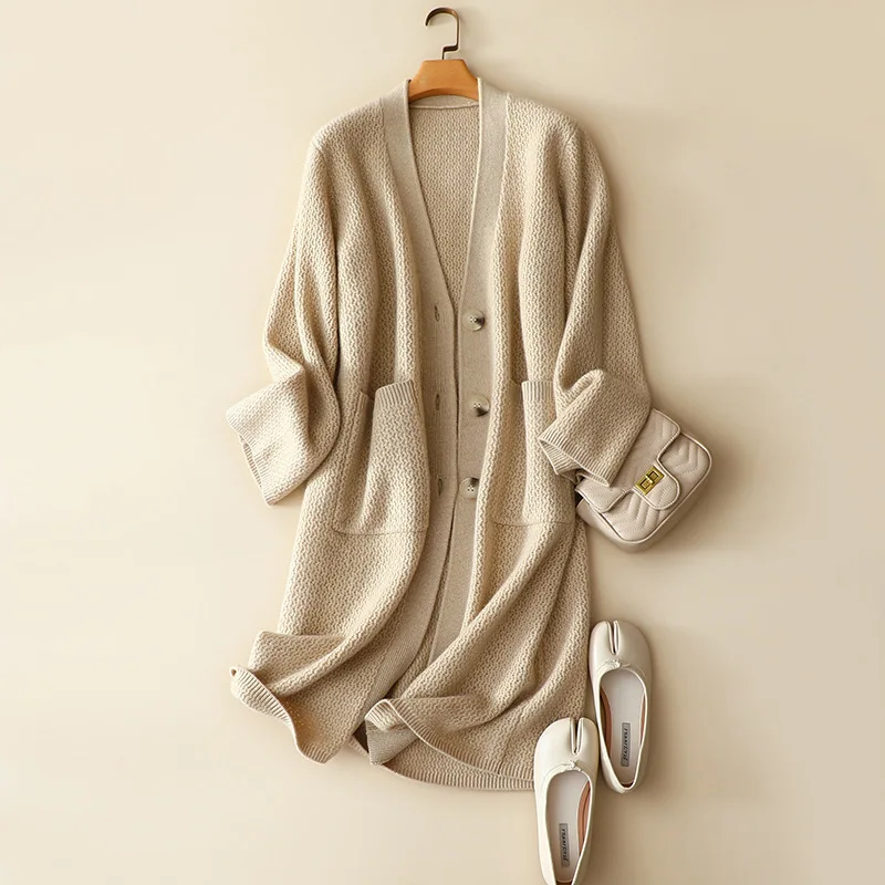 

Long Cardigans Women 100% Cashmere Single Breasted Pockets Vintage V-Neck Womens Sweaters Warm New 2020 Cute Cardigan