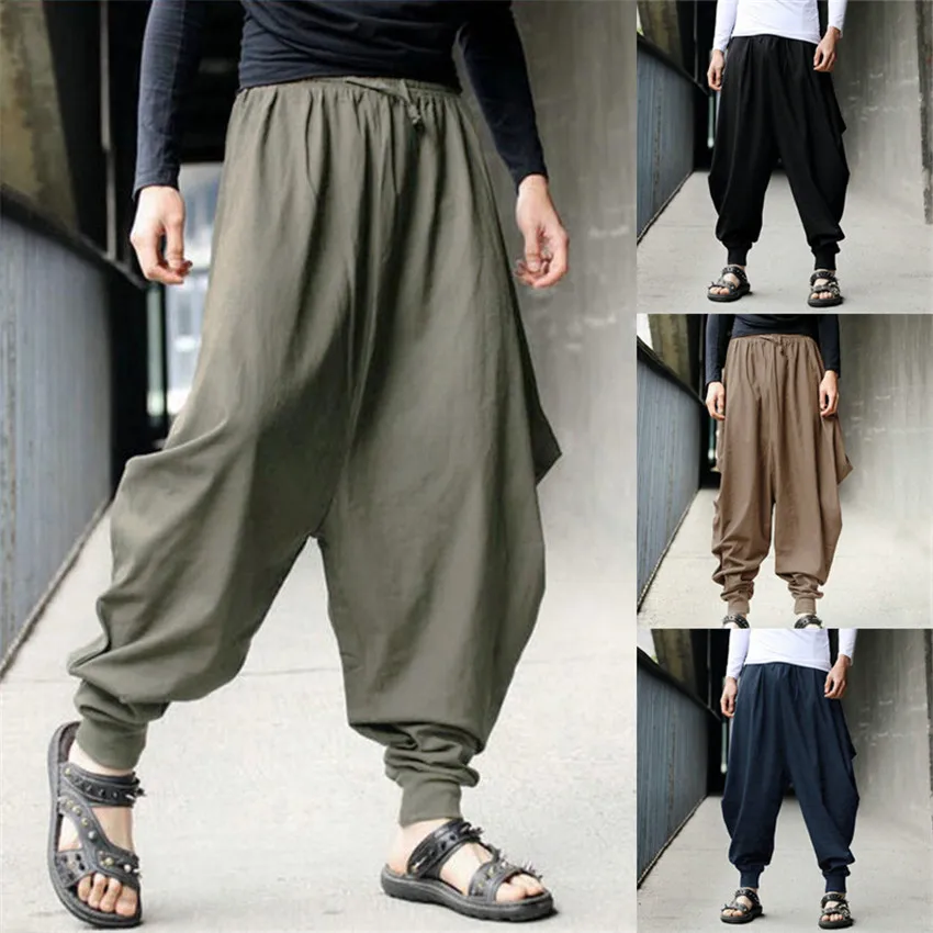 

Chinese Style 2020 News Cotton Haroun Trousers Loose Casual Traditional Chinese Clothing for Men Hakama Samurai Costume Hip Hop