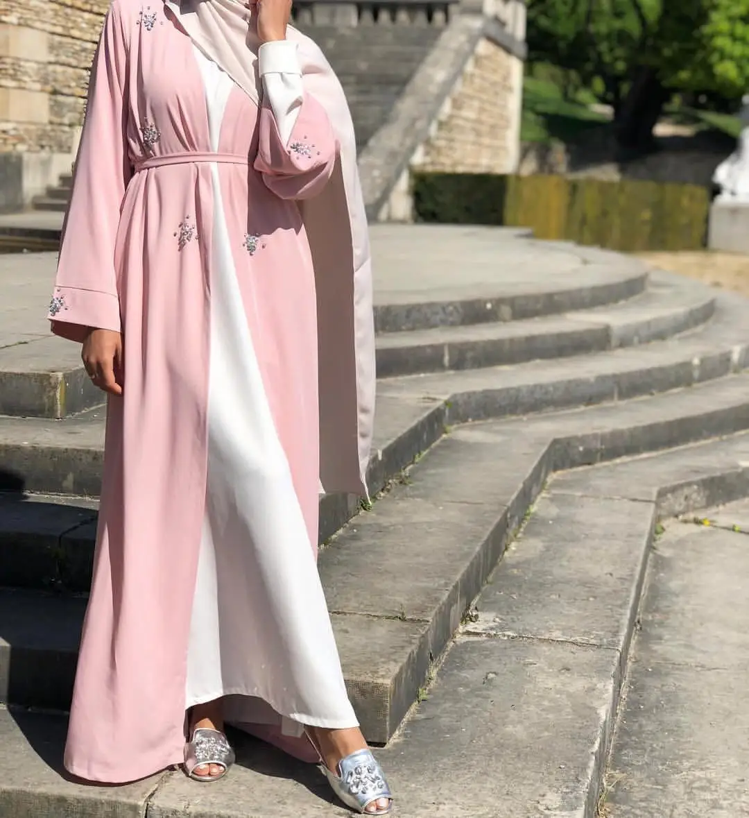Мусульманский Кардиган со стразами и бусинами abaya длинное платье кимоно длинные халаты Jubah Дубай Ближний Восток Рамадан Арабский исламский одежда - Цвет: Only Pink Dress