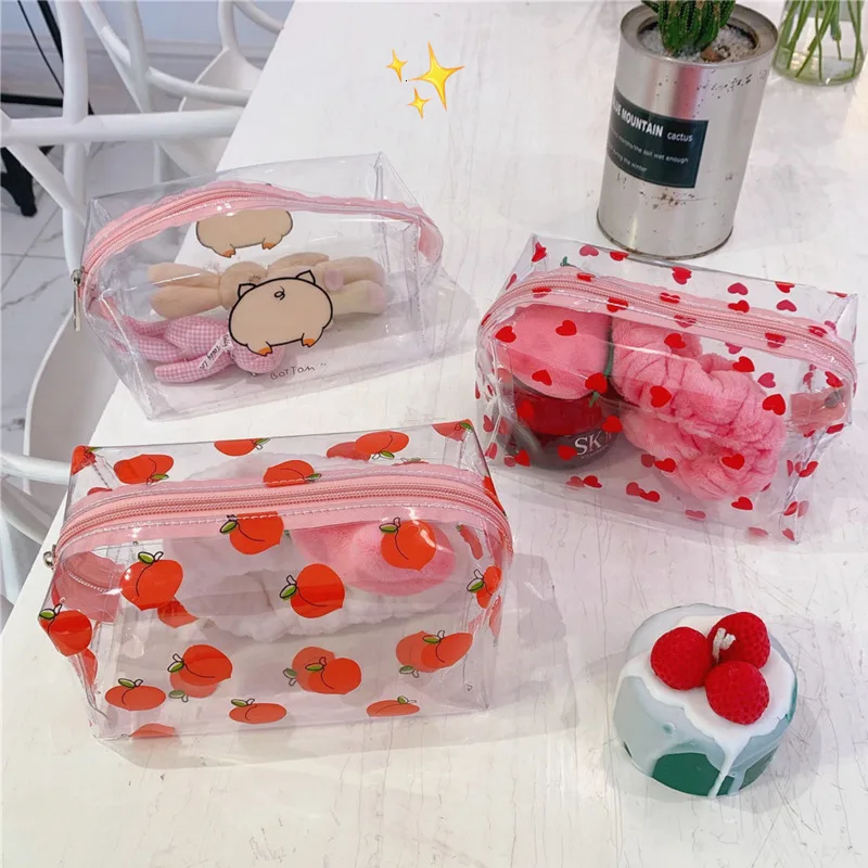 Прозрачный ПВХ высокий Ёмкость сумка для карандашей Kawaii фрукты любовь кошелек