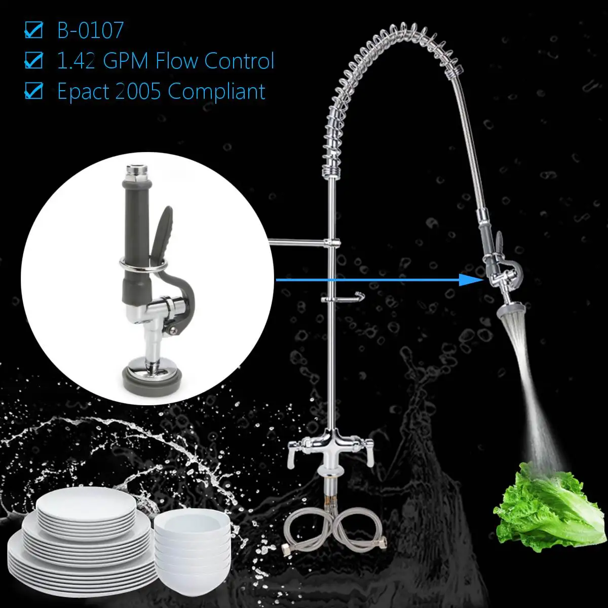 

Pre-Rinse Spray Nozzle Pull Down Faucet Nozzle Kitchen Restaurant Water Saver Spout Shower Faucet Tap Spray Head B-0107-1.42 GPM