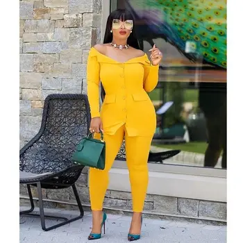 

Sexy Solid Slash Neck 2 Piece Set Women Long Sleeve Tops High Waist Pants Suit Outfit Pockets Office Work Tracksuit