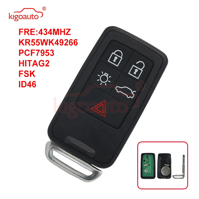 Kigoauto KR55WK49264 Smart Key 434Mhz 5 Button For Volvo 2007 2008 2009 2010 2011 XC70 V70 XC60 S80 S60