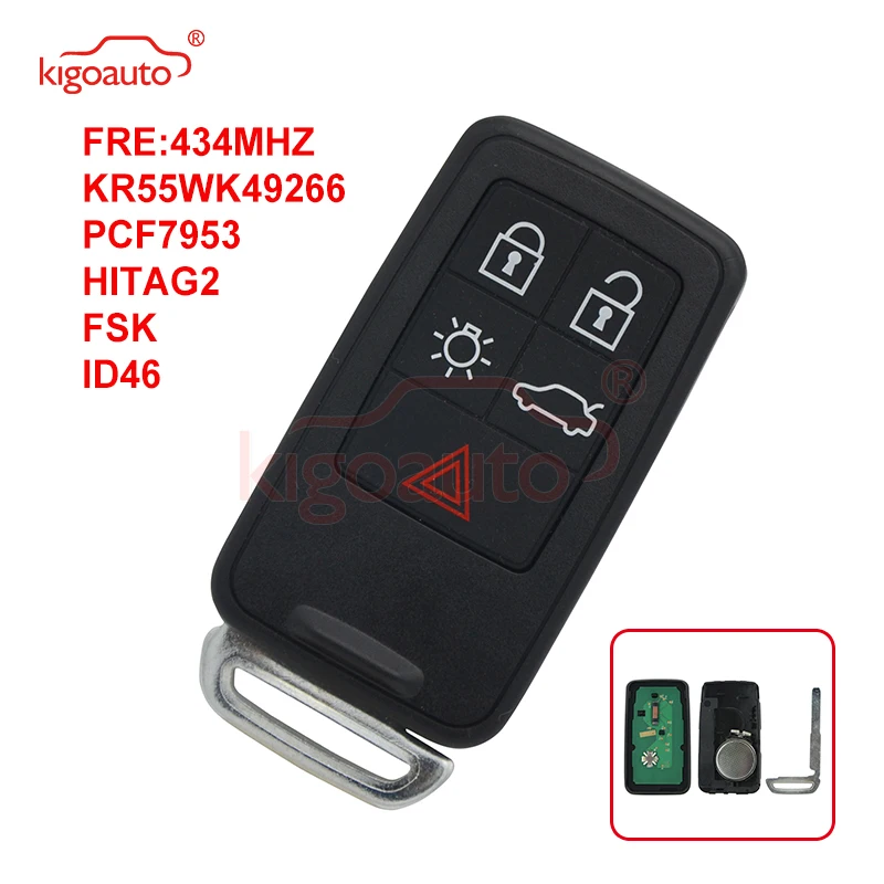

kigoauto KR55WK49264 Smart key 434Mhz 5 button for Volvo 2007 2008 2009 2010 2011 XC70 V70 XC60 S80 S60