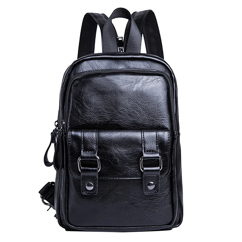 Black Leather Pu Small Backpack For Men Multifunction Travel Shoulder Chest Bag Casual Sport