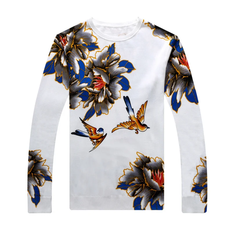 Lente Nieuwe Mode Trui Erkek Kazak Bloemen Vogel Gedrukt Trui Heren Slim Fit Pull Homme Trui Heren Chompas Hombre