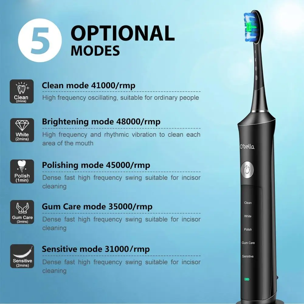 O'BELLA 071B Sonic Electric Toothbrush Rechargeable 48000RPM Rechargeable Oral Adult Tooth Brushes With 4 Pcs DuPont Replacement O'BELLA 071B Sonic Electric Toothbrush Rechargeable 48000RPM Rechargeable Oral Adult Tooth Brushes With 4 Pcs DuPont Replacement