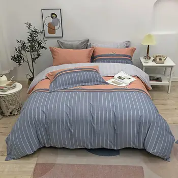 

Papa&Mima Nordic Grey Stripes Lines Sanding Cotton Bedding Set Printed Thick Linens Fitted Sheet Pillowcase Duvet Cover