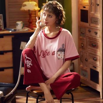 

Set Women Pyjamas Women Sleepwear Night suit Home Wear Women Plus size Summer Cartoon Cotton Nightwear 2020 Pajamas