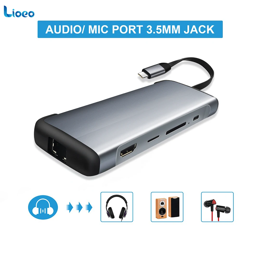 

LIOEO Type C USB C 3.1 HUB to RJ45 Gigabit Ethernet SD/TF Card Reader HDMI Adapter With 3.5mm Audio Type C PD Hub For Macbook