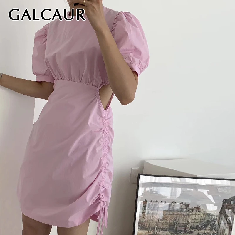 Женское платье с рюшами GALCAUR корейское Платье-туника круглым вырезом и