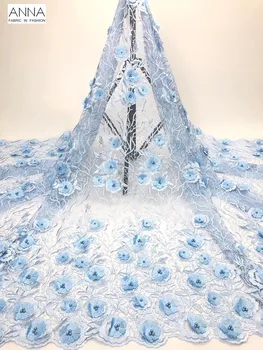 

Sky Blue 3D Applique Lace Embroidered French Beaded Lace Fabric Tulle Lace 5 Yards African Net Lace For Lovely Party Gown 2019
