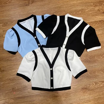 

Luxury Brand Puff Sleeve Women Coat Vintage Fashion Silk and Cotton Blend Short Sleeve V-neck Letter Buttons Short Coats Jacket