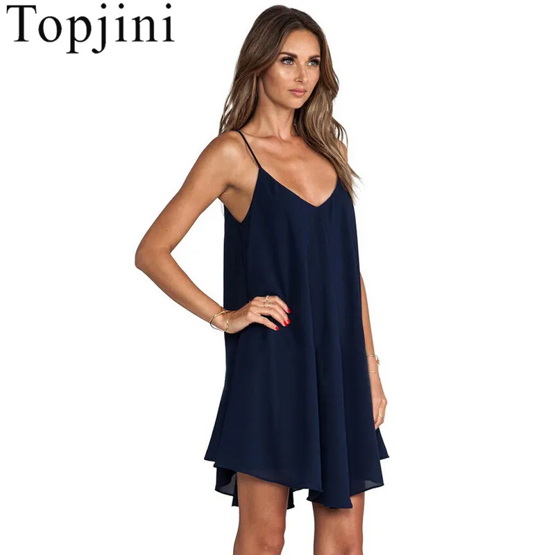 Plus Size 6XL Chiffon Straight Sleeveless V-Neck Dresses Knee-Length Spaghetti Strap Summer Fashion Loose Female Dress - Цвет: dark blue