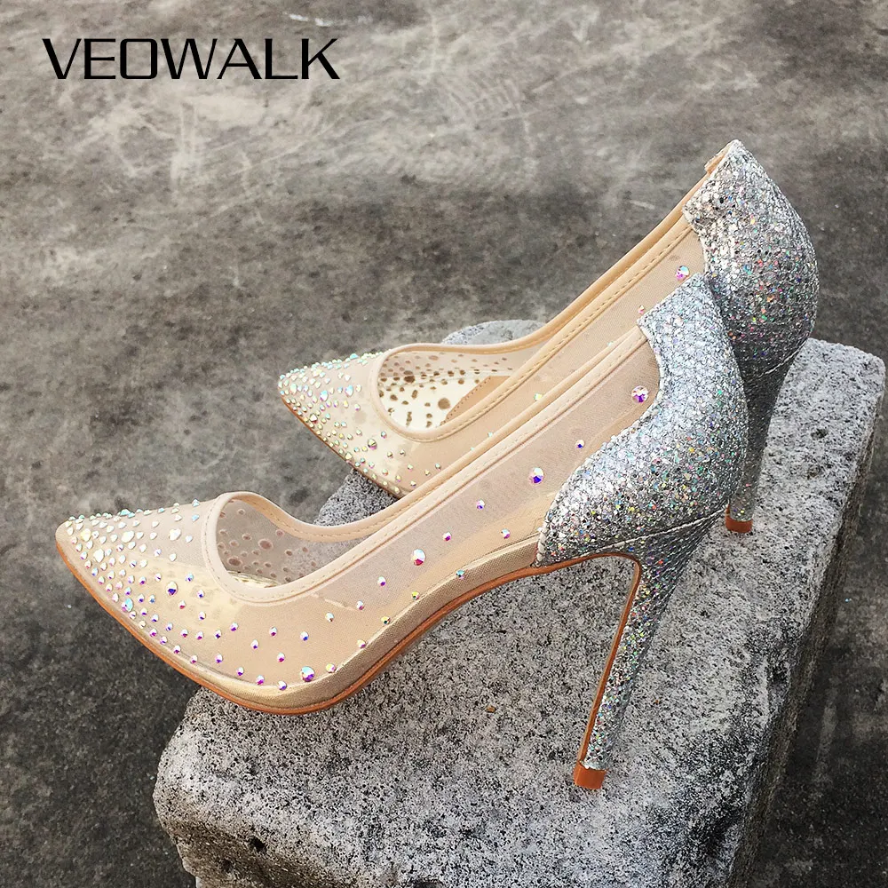 

Veowalk летние блестящие Серебристые прозрачные женские туфли-лодочки на высоких шпильках с острым носком Модные свадебные туфли