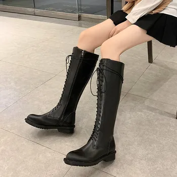 

2020 Thick Heel Lace-up British Handsome Motorcycle Boots Women's Waterproof Platform Low Heel Boots Non-Slip Women's Boots