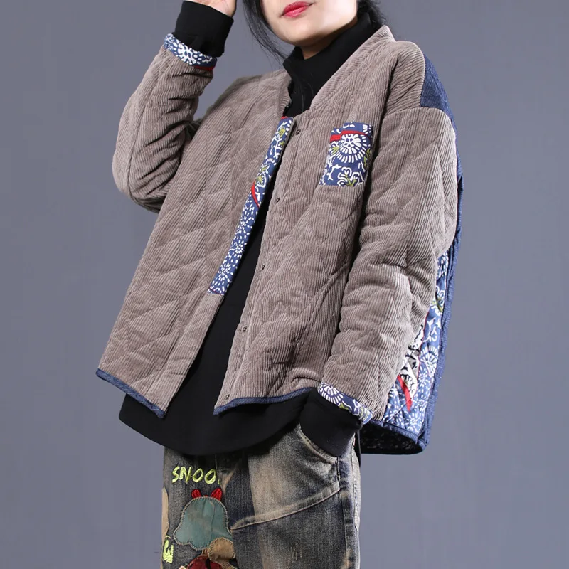 

2018 Autumn And Winter New Style Artistic Loose And Plus-sized Diamond Lattice Corduroy Joint Thick Cotton-padded Clothes Cotton
