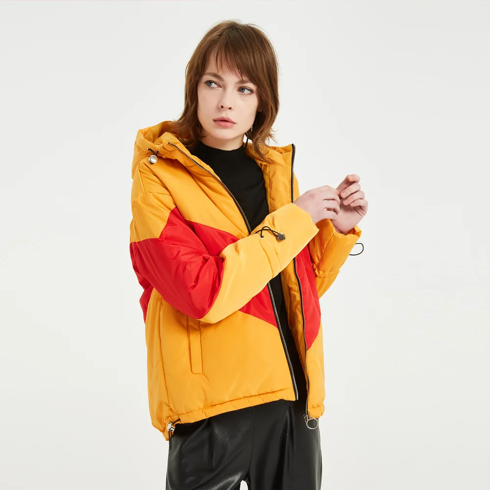 

2020 autumn and winter new fashion women's color matching cotton coat jacket hooded loose bright cotton coat ladies jacket