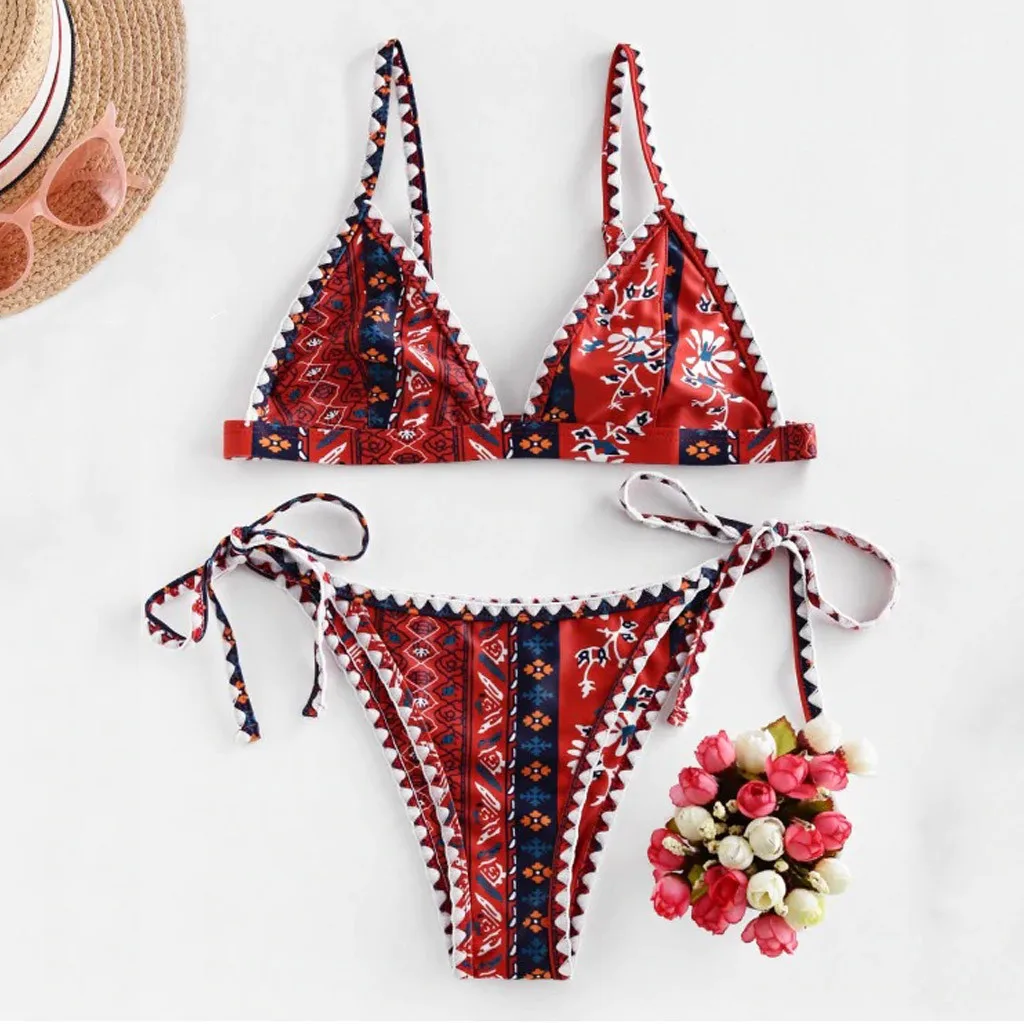 

2020 Swimwear Women Bohemian Flower Whip Stitch String Swimsuit Swimwear Beach Wear