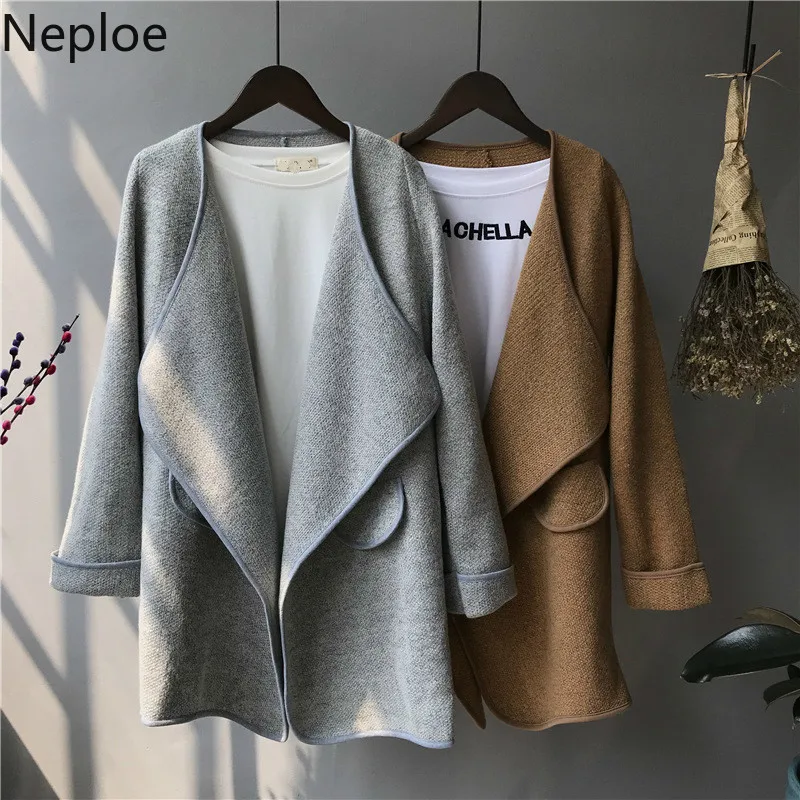 

Neploe Korean Solid Irregular Knit Cardigan Fashion Polo Collar Loose Wild Mid Long Open Stitch Simple Pull Femme Hiver 45857