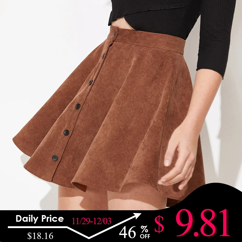 

Dotfashion Solid Button Up Flare Cord Skirt Women 2019 Preppy Summer Casual Spring Ladies Fashion Mid Waist Short Skater Skirts