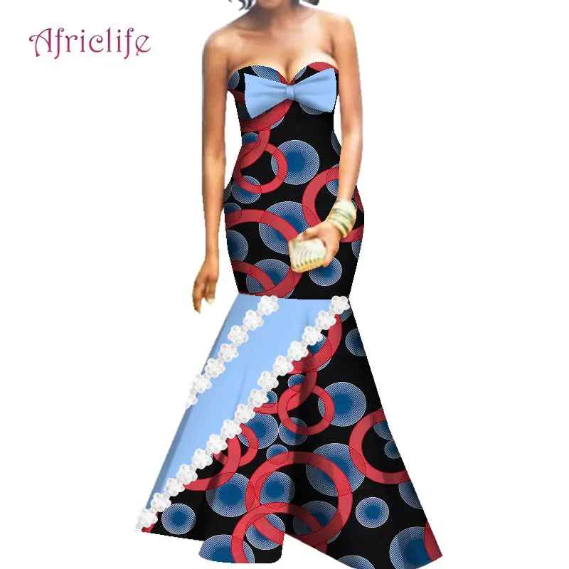 Custom Plus Size Clothing African Bazin Fabric Strapless Sleeveless Wedding Party Dresses WY4835