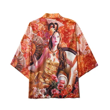

Fashion Streetwear Beauty Print Kimono Cardigan Robe China Haori Obi Traditional Japanese Clothes for Women Men