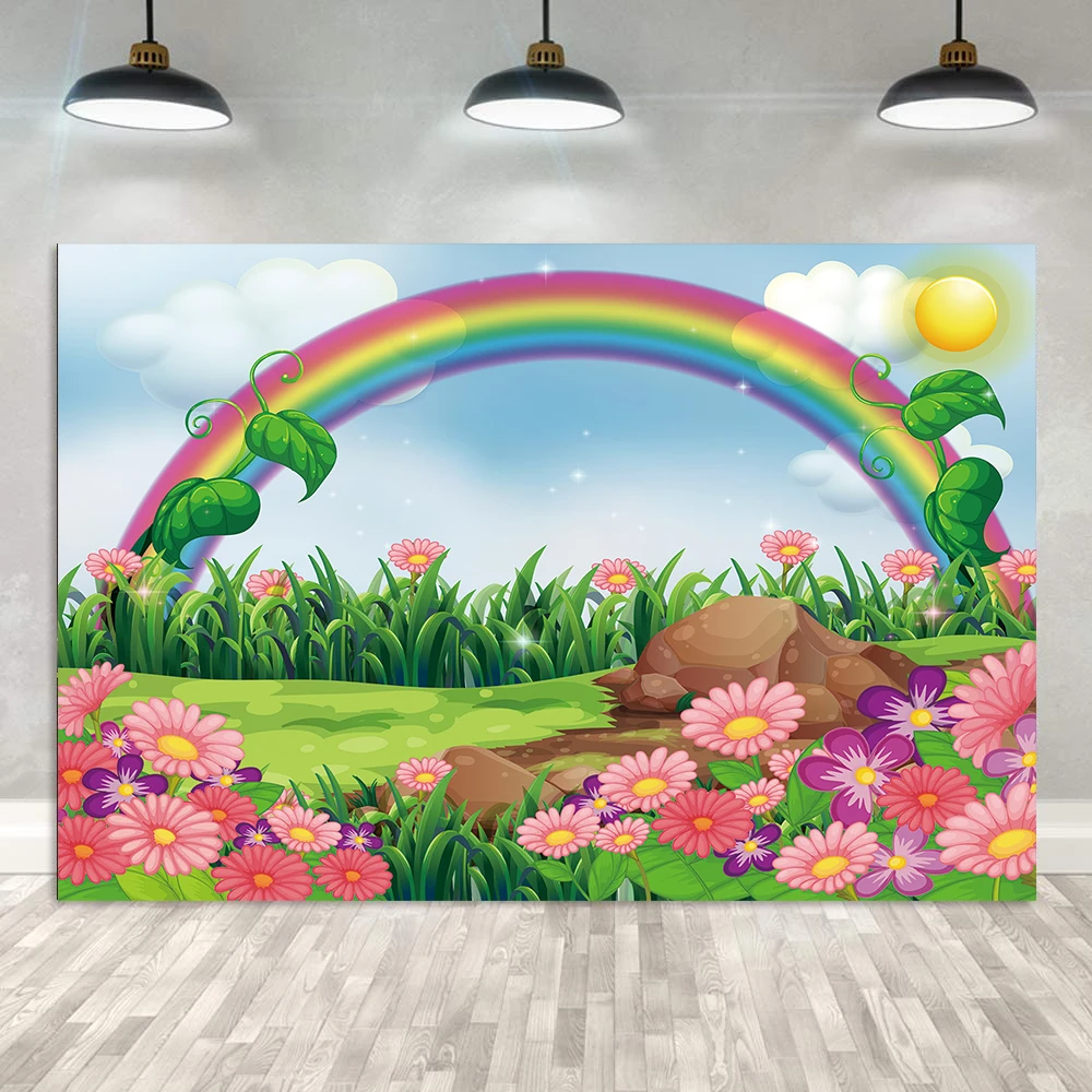 Fondos de dibujos animados con paisaje de primavera para niños, Fondo de  fiesta de ensueño, flores coloridas, decoración de fondo para fotografía| Fondo| - AliExpress