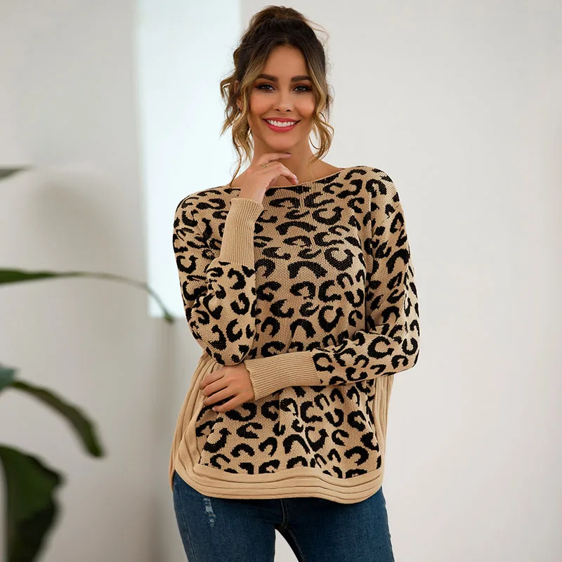 Женский вязаный свитер с леопардовым принтом Свободный пуловер круглым вырезом