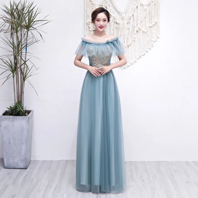B long gray green Серое зеленое платье подружки невесты элегантное Тюлевое с вырезом «Лодочка» без рукавов длинное платье для свадебной вечеринки Vestido Azul Marino сексуальное платье для выпускного вечера - Цвет: B long gray green