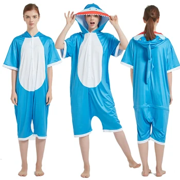 

Summer New Hooded Blue Shark Short Onesie Kigurumi Pajamas Sexy Onesies Summer Women for Adults Pijamas Plus Size Animal Pattern