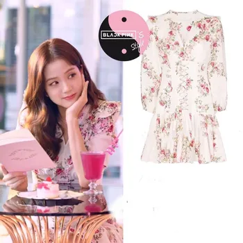 

kpop Blackpink jisoo summer white bundle waist bandage V-neck bodycon dress women korean casual puff sleeve sweet Flower dresses